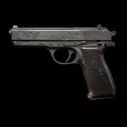 the metal pistol is displayed against a black background