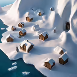 a group of huts sit on a hill next to the water
