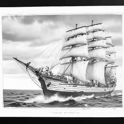 black and white image of a large ship in the middle of the ocean