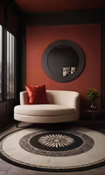 a round area rug sits in the middle of a room with large windows