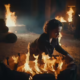 a person kneeling in a round fire pit