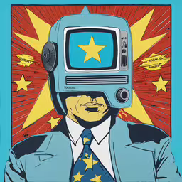 a blue, yellow and red poster with a man in a suit wearing a helmet,a drawing of a tv being watched by someone with an earpiece on