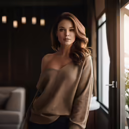 a woman stands in front of a window with a brown sweater