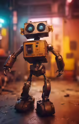 an adorable little robot figurine in the middle of a road