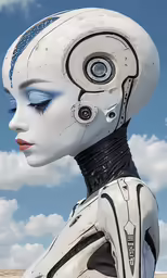 a white and black robot with two different eyes