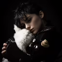 a beautiful young woman holding a black and white stuffed animal