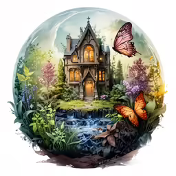 a house sitting on top of a forest next to a river