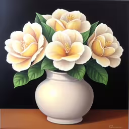 a painting of some flowers in a vase,a white vase full of white flowers is sitting on a table