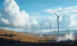 the wind farm produces many different turbines and stands in a field