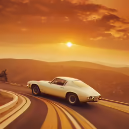 a classic car drives down the road in front of a mountain