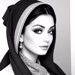 a beautiful woman wearing jewelry and a black scarf