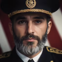 a man wearing a black uniform stands in front of an american flag