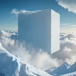 a huge cube of ice is floating above the clouds