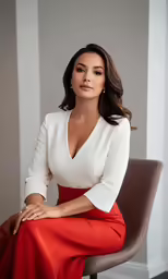 an attractive woman wearing red dress sitting in a chair
