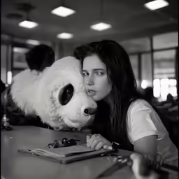 a woman sitting at a table and kissing a stuffed animal