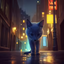 an animated photo of a white cat walking down the sidewalk