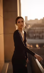 a woman standing on the balcony with her hand on the railing