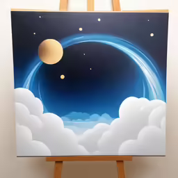 a painting on a easel in front of a white wall