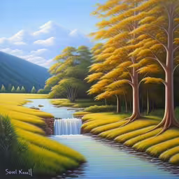 a painting of trees and water in the middle of a field,a painting of trees, water, and grass with mountains in the background