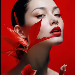 a woman with a red flower on her cheek
