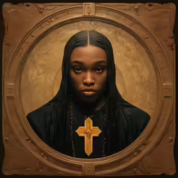 the painting is of a woman with a cross
