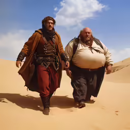 a man holding the reigns of his belt walking with another man on a desert path