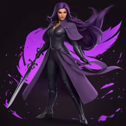 a woman in a purple outfit holding a sword