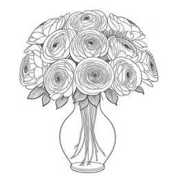 a sketched flower in a vase,a large vase of flowers sitting next to each other,a black and white drawing of flowers in a vase,drawing in the vase is a great idea,the drawing shows a vase full of roses