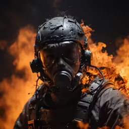 a man wearing a gas mask and flames in the background