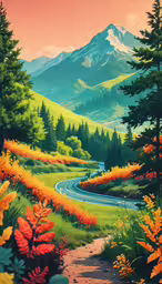 an animated painting of mountains, a winding road and flowers,a painting of a beautiful landscape of a country road