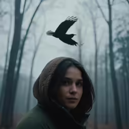 a girl in the woods is flying her bird