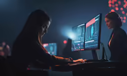 a woman sitting at a computer while looking at her screen