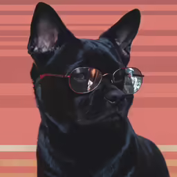 a small black dog with glasses standing in front of a red wall