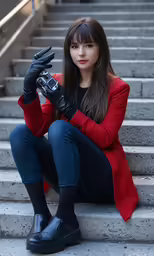 a beautiful young asian girl sitting on some steps