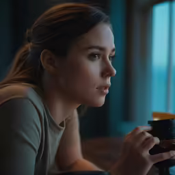 woman sitting at the table looking through a camera