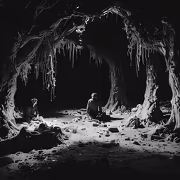 two men sitting under trees with icicles on them