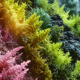 several rows of different types of shrubs are grouped together