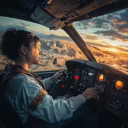 a woman in the cockpit of an airplane at sunset