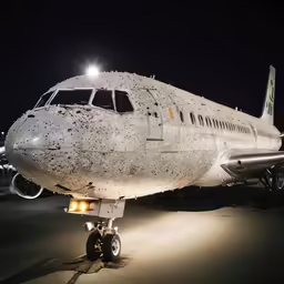 there is an airplane on the runway at night