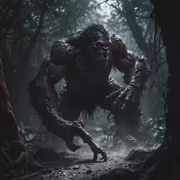 a man in a gorilla costume walking through the woods