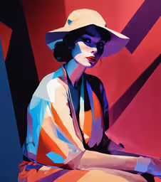 a digital painting of a woman with black and orange hat sitting,an artistic fashion photo of a woman sitting on a chair
