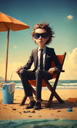 a man wearing black sunglasses sitting in a chair on the beach,a man in a suit and sunglasses on the beach