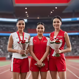 three athletes stand on a track holding bouquets