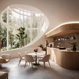 a round shaped room with modern chairs and circular window