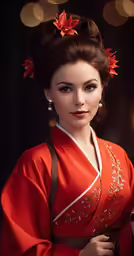 a woman in a red dress with flowers on her hair