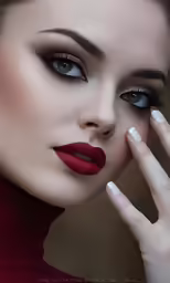 an elegant woman with red lips is wearing a dark, sophisticated makeup
