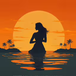 a poster for the film the sun shines in the background,a silhouetted woman sitting in the water with an orange sun in the background