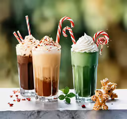 three beverages in cups with candy canes and cookies,three shots of different drink type with candy canes and toppings