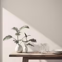 a wooden table topped with a white vase filled with plants