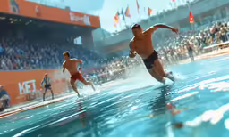 two athletes in swim trunks compete in a swimming event
